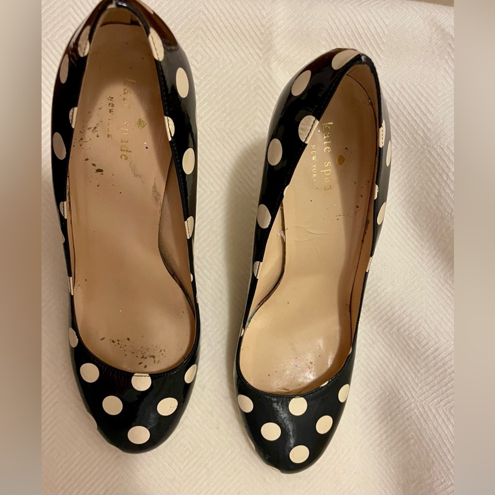 kate spade Black and Cream Polka Dot Patent Leather Carolina Pumps